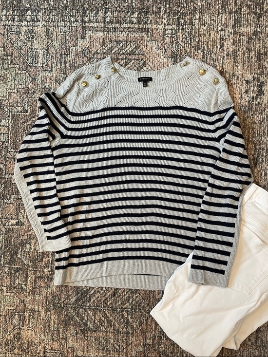 talbots Sweaters - Talbots Nautical Stripe Sweater XL Navy Gray Cotton Knit Coastal Button Shoulder